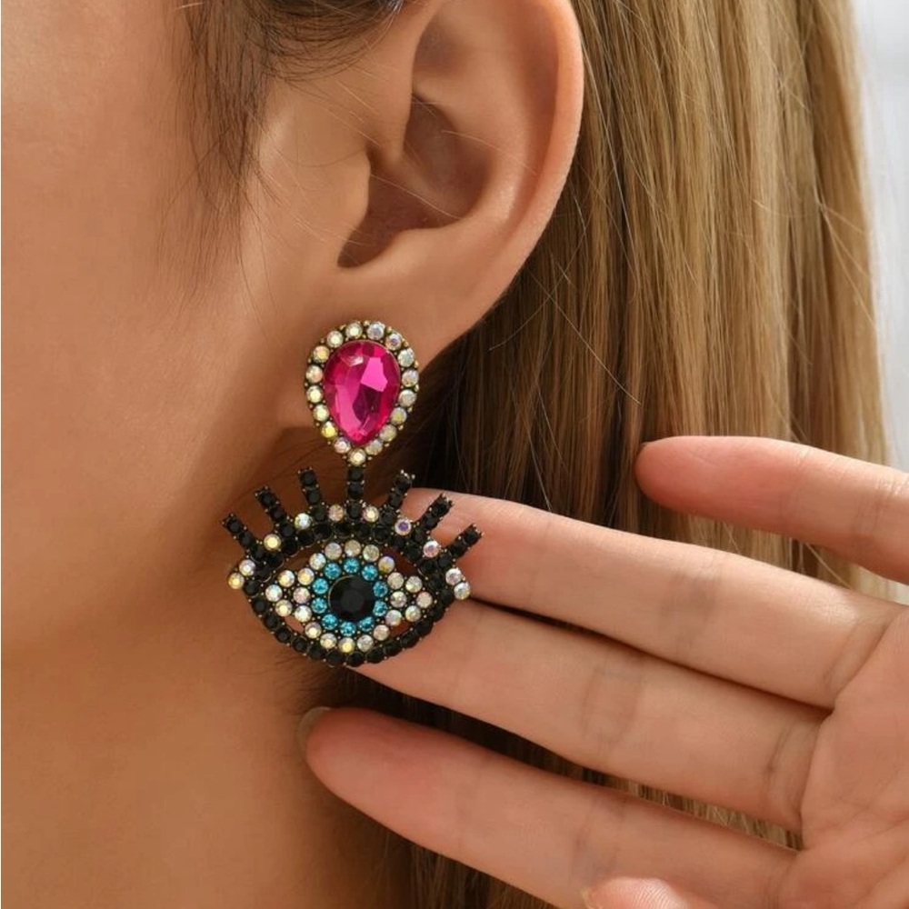 Glamourous Rhinestone Evil Eye Earrings